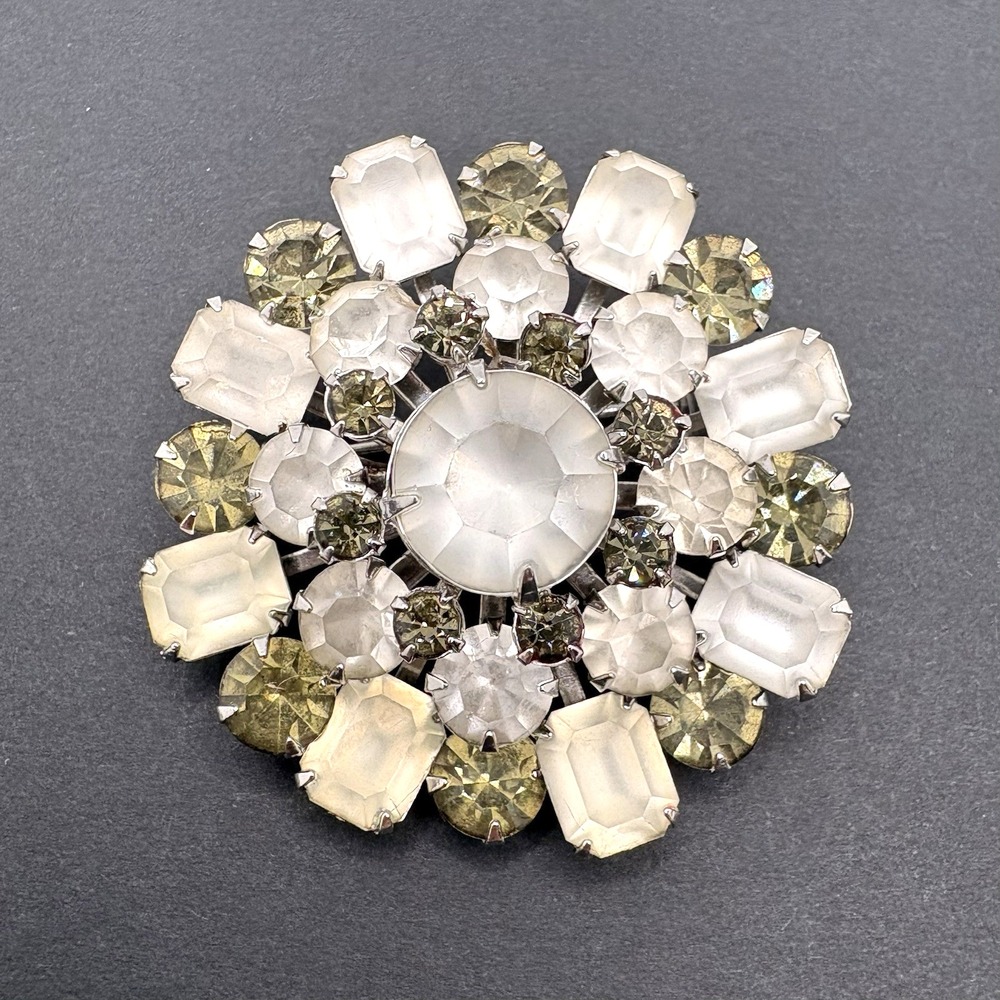 Vintage Coro Domed Layered Starburst Brooch Frosted Rhinestones Silver Tone